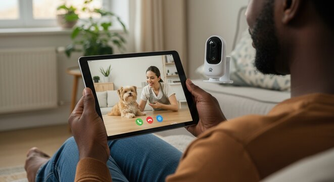 A man video calls with his dog using a tablet