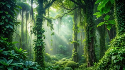 Dense jungle with vines hanging from the trees and thick undergrowth in shades of green, verdant surroundings , green foliage