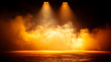 A dramatic event venue filled with rich amber spotlights and swirling stage fog, highlighting an empty space ready for inspiring performances and grand presentations.
