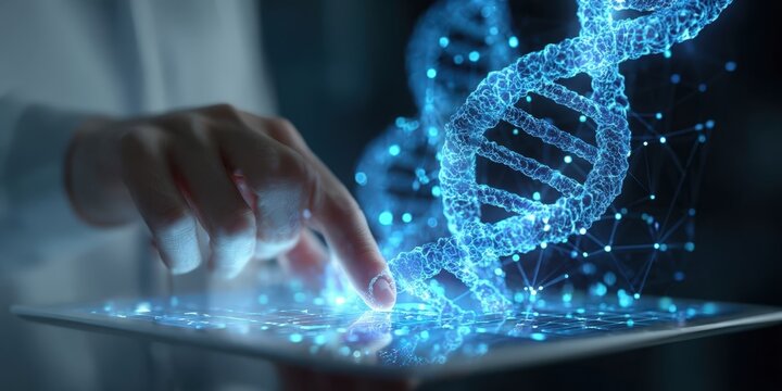 Modern Medicine Woman Using Digital Tablet with DNA and Hologram Network - Powered by Adobe