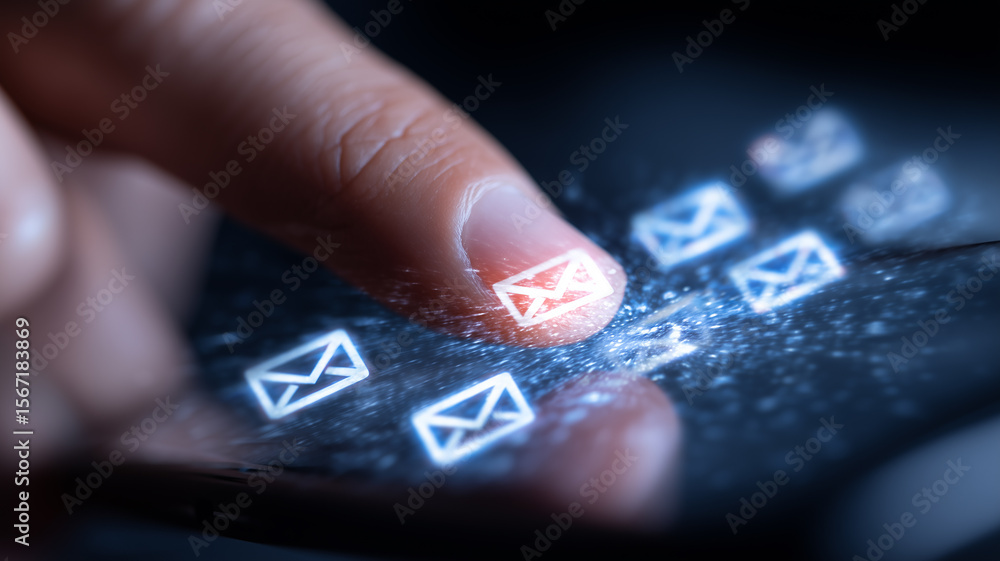 Fototapete high speed mobile inbox management visualised by a fingertip tapping glowing mail symbols cascading 