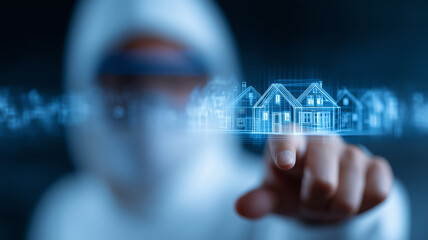 A futuristic real estate investment concept showing glowing holographic houses resting on an open hand