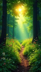 Sun-dappled Woodland Path Tranquil Rural Scene with Wildflowers and Ferns