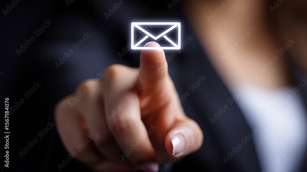 Poster dynamic digital communication interaction portrayed as a fingertip selecting a luminous email icon, 