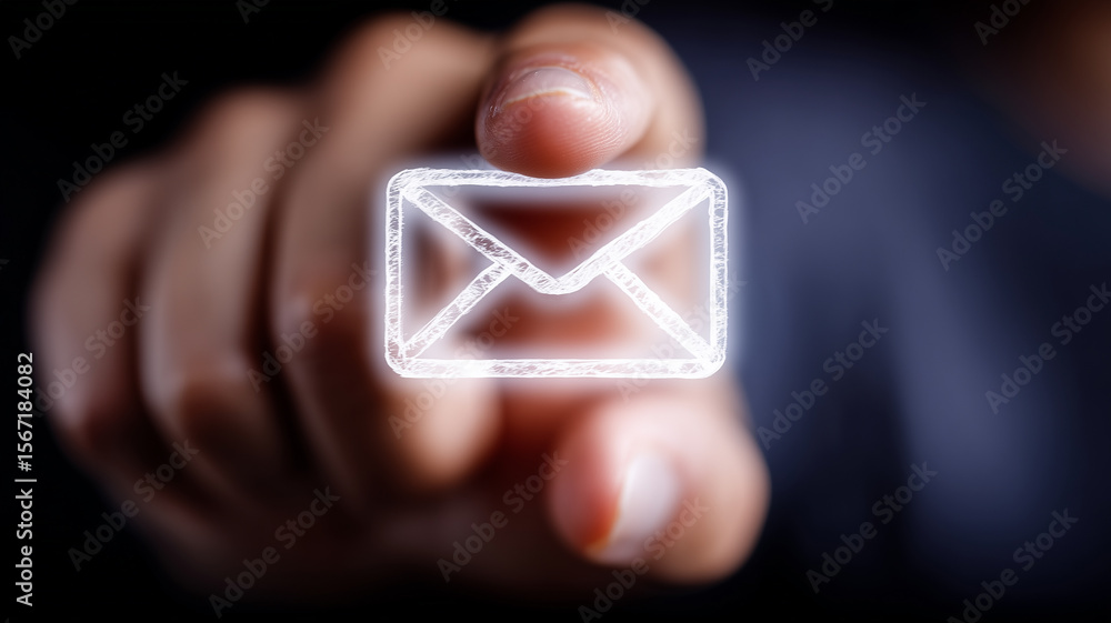 Poster dynamic digital communication interaction portrayed as a fingertip selecting a luminous email icon, 