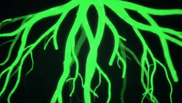A vibrant, glowing green network of branching roots or veins against a dark background, symbolizing growth, connection, biology, and abstract data or energy flow.

