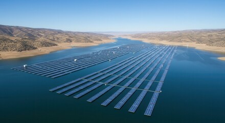 An aerial view shows a floating solar panel farm on a lake in california