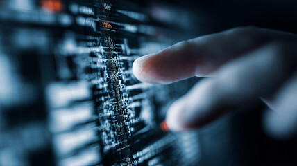 A cybersecurity code review scene where a developer finger highlights critical source lines on a glowing display emphasising debugging vigilance and software security assurance.
