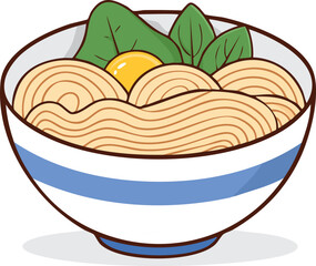 Cartoon illustration of a bowl of noodles with egg and greens.