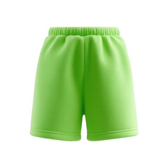 A pair of bright green athletic shorts with an elastic waistband on black background