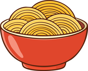 A vibrant cartoon illustration of a red bowl filled with cooked noodles.