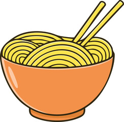 An illustration of a bowl filled with noodles, accompanied by a pair of chopsticks.