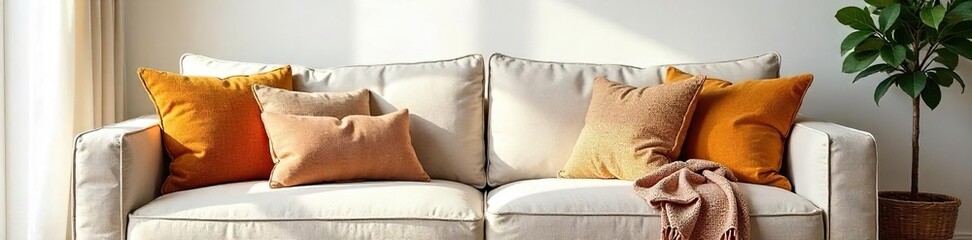 Cozy Living Room with Comfortable Sofa, Throw Pillows, and Warm Atmosphere - Perfect for Relaxation and Home Decor
