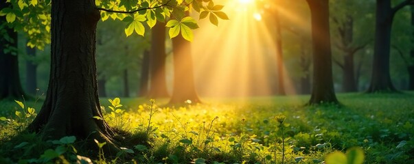Golden Hour Sunlight Streams Through Forest Canopy, Illuminating Lush Green Undergrowth; Tranquil Summer Woodland Scene, Perfect for Nature Projects