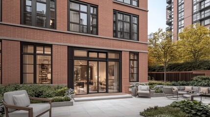 Modern Luxury Apartment Exterior with Outdoor Patio and Garden.