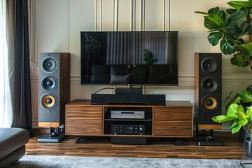 high quality picture of State-of-the-art home entertainment system in a family room.