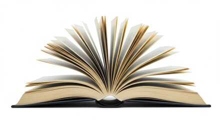 An open book with turning pages is isolated on white background