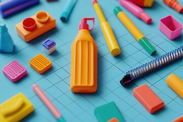 Colorful assortment of stationery and art supplies arranged on a blue grid background