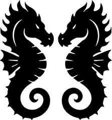 silhouette vector illustration of two dragon-headed seahorses facing each other, isolated on white