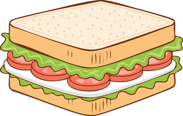 A colorful cartoon illustration of a delicious sandwich with fresh ingredients.