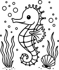 vector line art illustration of seahorse with seaweed and shells, isolated on white