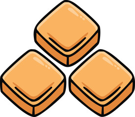 Three cartoon-style, square, caramel candies arranged in a pyramid shape.