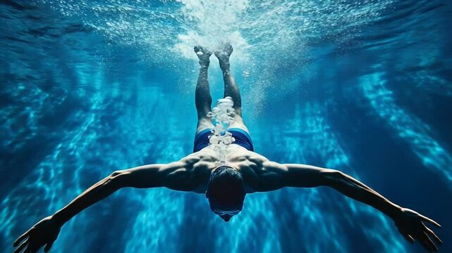 Professional male swimmer underwater in slow motion powerful strokes and bubbles with deep blue lighting sports training concept