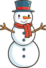 A cartoon snowman with a blue hat, red scarf, and carrot nose smiles with outstretched twig arms.
