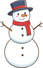 Cartoon snowman with a top hat, scarf, and carrot nose, cheerful expression.
