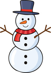 A cheerful snowman, wearing a top hat and scarf, stands with twig arms.