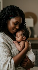 Obraz premium African american mother is holding her newborn baby with love and care