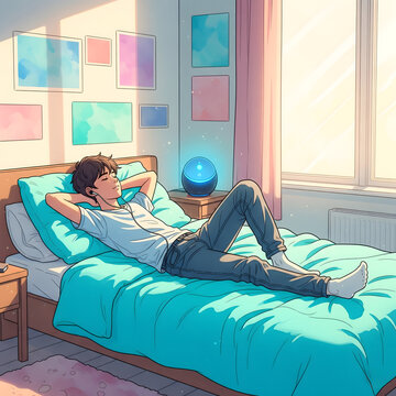 A young adult male, appearing relaxed and content, lies on his bed with headphones on, enjoying music in a sunlit room