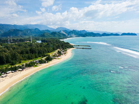  Lhoknga coastline, sea aerial view at Lampuuk beach by drone in Aceh, Indonesia. popular for surfing waves and surfers