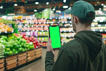 High Definition Visual of Cu 30S Caucasian Male Holding a Phone in Grocery Store, Green Screen