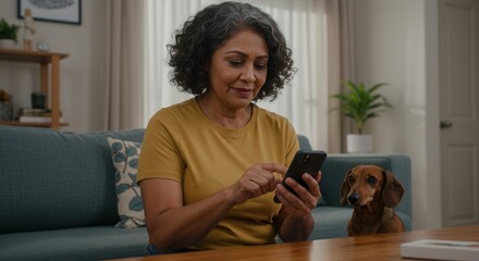 A woman is using her smartphone while sitting next to her dachshund dog at home