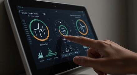 A finger interacts with a tablet displaying smart home energy management data