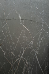 Close-up of a textured dark gray wall with organic white scratches and a horizontal crack. The chaotic, abstract marks resemble dried grass or claw-like etchings, evoking a raw, tactile aesthetic idea