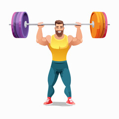 Jolie illustration d'un homme souriant avec une barbe qui fait de la musculation ,haltérophilie, original, coloré 