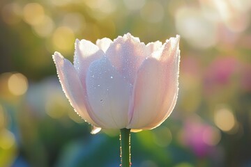 Dew kissed pink tulip in morning sunlight
