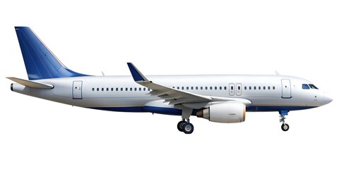 Obraz premium Airplanes side view are captured in moments of takeoff, landing, and flight across the sky, embodying air travel isolated in a white background