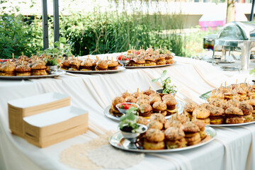 Elegant outdoor buffet table with assorted mini sandwiches and savory bites on silver platters, set...