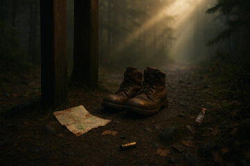 Abandoned Boots & Map &ndash; Forest Trail Crime Scene