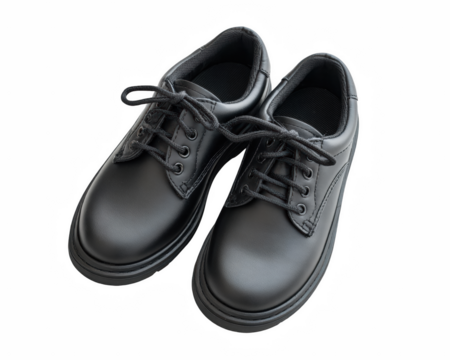 A pair of black leather shoes with laces on a plain black background studio shot