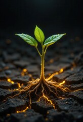 Hope emerges: Resilient seedling in parched earth with illuminated roots