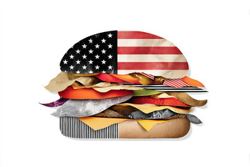 patriotic burger collage made from usa flag cutouts and paper textures