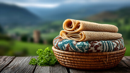 Obraz premium Injera bread stacked on basket with woven cloth, blurred countryside setting
