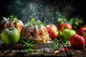Stylish Bundt Cake with Icing Sugar and Fresh Apples on Rustic Wooden Table