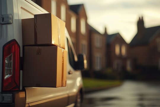 Delivery van parked on residential street with packages ready for drop-off during sunset