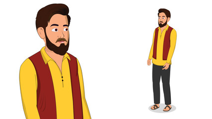 Cartoon Vector Illustration of Indian Village Man in Traditional Attire – Rural Character Standing Pose
