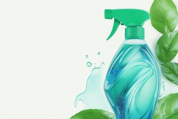 Eco-friendly cleaning spray bottle surrounded by green leaves and water droplets, showcasing freshness